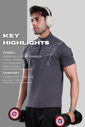 Image of GROW Stylish Gym T Shirts for Men Workout | Cotton and Spandex Quarter Zip Back Printed Collar T Shirts for Men Half Sleeves