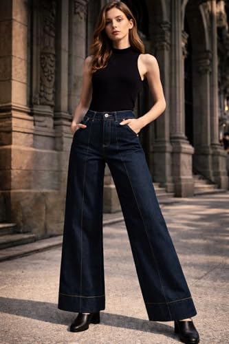Image of Ben Martin Dark Blue Baggy Jeans for Women | Koren Style | Women,'s Loose Jean | High Waist Wide Leg Denim Jeans | Oversized Jean's for Womenss | Straight Fit Daily Casual Office Wear Women's Jeans