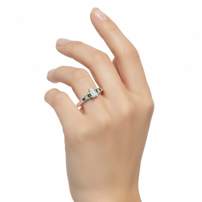 Image of 55Carat Choose Your Gemstone Diamond CZ Graduated Accent Ring Rose Gold Plated Emerald Shape Petite Engagement Rings Everyday Jewelry Wedding Jewelry Handmade Gifts for Wife US Size 4 to 12