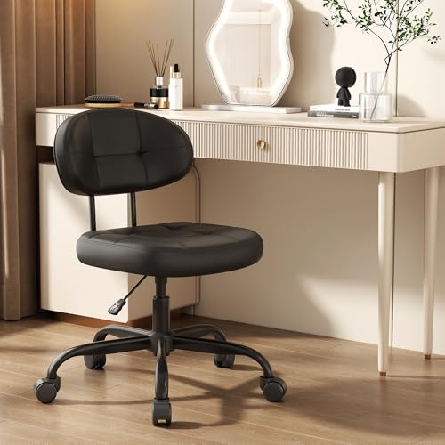 Image of Misolant Vanity Chair with back, Small Armless Cute office Chair with wheels and Lumbar support, Comfy PU Leather Desk Computer Chairs with Adjustable Height, 360Swivel for Home Bedroom Office, Black