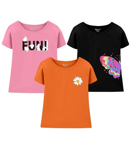 Image of KYDA KIDS Girls 100% Pure Cotton Printed T-Shirt Round Neck Short Sleeve Regular Fit Soft Breathable Casual Tops Summer Wear Daily Comforts -Pack of 3