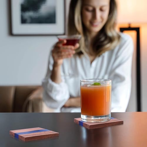 Image of Coaster Set of 4 for Dining Table - Premium Wooden Coasters with Blue River Resin Design - Tea, Coffee & Glass Drink Coasters - Luxury Table Coasters for Office Desk, Kitchen & Home Decor