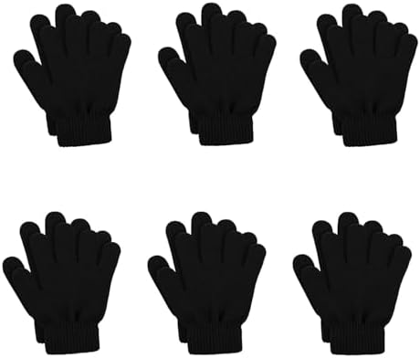 ONEREED 6 Pairs Kids Warm Magic Gloves Mittens Children Winter Stretchy Knit Gloves Boys Girls Black Knit Gloves