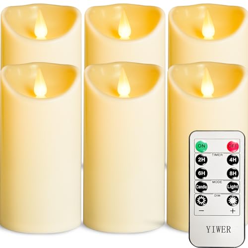 YIWER Plastic Battery Operated Candles,Pack of 6 Flameless LED Candle with 10 Key Remote and Timer Electric Fake Flickering Light D3”H6” Last 200 Hour Plastic 6PCS-6IN