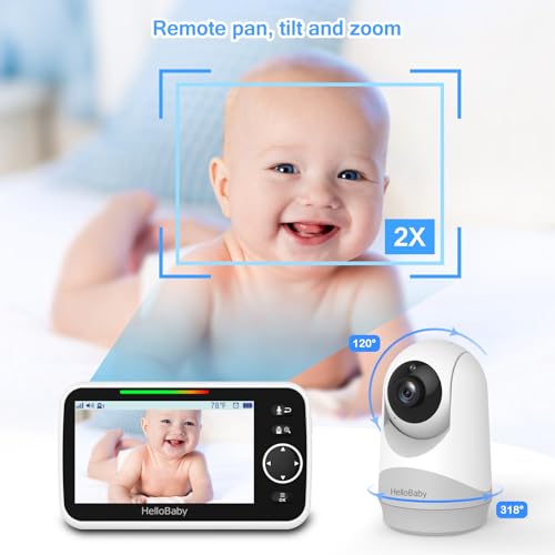 Image of HelloBaby Monitor with Camera and Audio, 5' Screen with 16-Hour Video Streaming, Remote Pan-Tilt-Zoom Camera, Two-Way Talk, VOX Mode, Auto-Night Vision, Range up to 960ft and No WiFi