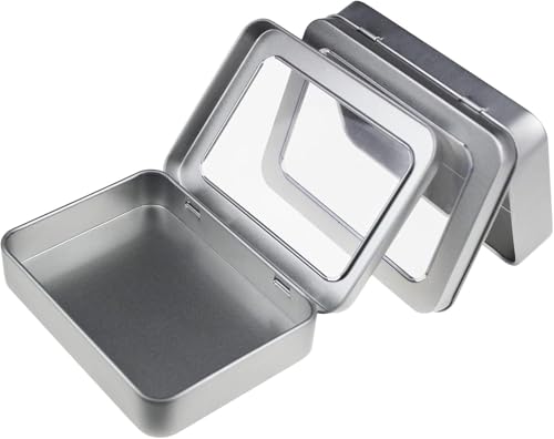Image of AKOAK 4 Pcs Metal Rectangular Empty Hinged Tins, 3.4x2.4x0.7 Inch Portable Clear Top Box Containers Small Storage Kit with Lid, Home Organizer for Storage Drawing Pin Candies Jewelry Crafts, Silver