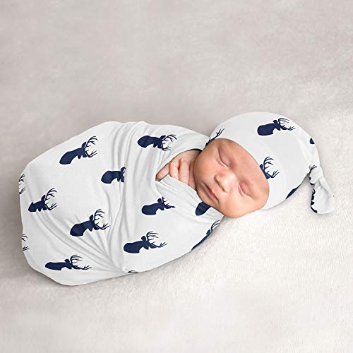 Image of Sweet Jojo Designs Woodland Deer Baby Boy Cocoon and Beanie Hat 2pc Set Jersey Stretch Knit Sleeping Bag for Infant Newborn Nursery Sleep Wrap Sack - Navy Blue and White Forest Animal Stag Antler