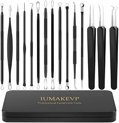 Pimple Popper Tool Kit, IUMAKEVP 15 PCS Professional Stainless Steel Blackhead Remover Comedone Extractor Tools for Removing Pimples, Blackheads, Zit on Face - Acne Removal Kit with Metal Case (Black)