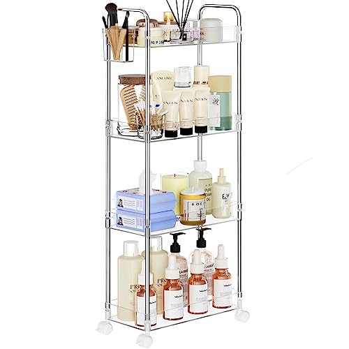 SPACEKEEPER Acrylic Rolling Storage Cart 4 Tier Clear Bathroom Cart Organizer Transparency Rolling Utility Cart Laundry Room Organization Multifunction Mobile Shelving Unit for Office Living Room