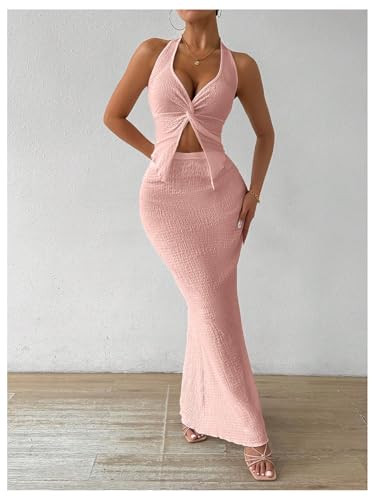 Image of SOLY HUX Women's Two Piece Outfits Twist Front Halter Cami Tops and Skirt Summer Set