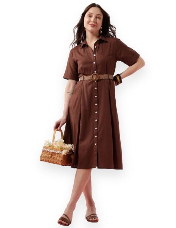 Image of FYLTR Women's Solid Midi Dress - 100% Cotton | Half Sleeve | Western Dress for Women | Office wear Dress (Belt Included)