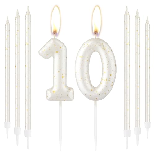 iNINGER White Gold Glitter Number 10 Birthday Candles with 6 Thin Long Cake Candles,Pearl Digit Candle for 10th Anniversary Party Cake Decorations