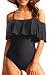 Tempt Me Women One Piece Solid Color off-shoulder Flounce Monokini Swimwear Black XL