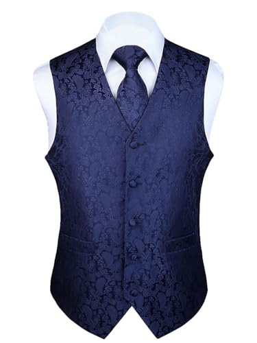 HISDERN Gilet Costume Homme Bleu Marine Paisley Jacquard Gilet Cravate Pochette Mouchoir Ensemble Gilets Sans Manche Hommes Mariage M