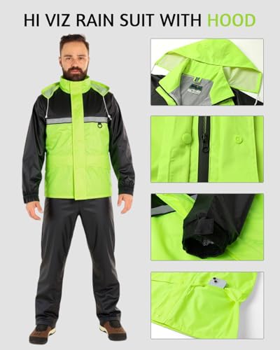 KTWOLEN Regenanzug für Herren Winddicht Regenjacke mit Kapuze Reflektierender Regenmantel mit Regenhose Wasserdicht Arbeits-Regenbekleidung, Grün, XL