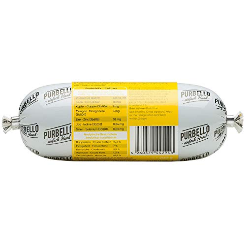 PURBELLO Hunde-Rolle Huhn mit Möhren & Erbsen - Monoprotein Hundefutter mit hohem Fleischanteil - Nassfutter für Hunde - Hundewurst schnittfest & getreidefrei - 8 x 200 g