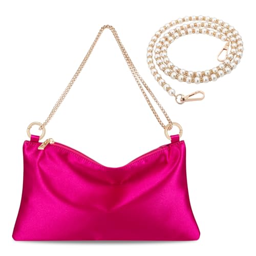 Prpeko Women’s Satin Evening Bag Clutch Purse Handbag for Women Wedding Shoulder Bag for Formal Cocktail Party with 2 Bag Chains, Pink