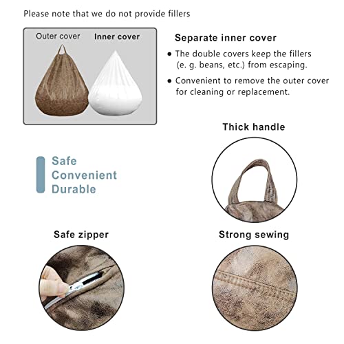 Hummse Bean Bag Chair Cover【With Inner Cover】 (No Filler) Plush Toys Storage Xxxl(47 X 39) Inches Ultra Soft Leatherette | Washable | Water Resistant | Adult Size Zipper Recliner (Brown, Large) #TOP3