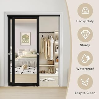 JUBEST 60" x 80" Mirror Closet Door, Preassembled One Side Mirror Door with Hardware Kit & Matching Fascia, Solid Wood Frame with Water-Proof PVC Surface, Easy to Install, Black