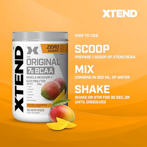 Image of XTEND Original BCAA Powder (Mango Madness), 7g BCAAs in 2:1:1 Ratio, Intra Workout Support with Glutamine & Electrolytes, Amino Acids for Hydration & Muscle Recovery, 405 gm, 30 Servings