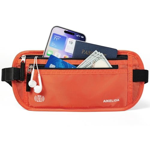 Image of RFID Blocking Money Belt - Passport Holder & Travel Wallet, Slim Hidden Fanny Packs for Women Men - Orange