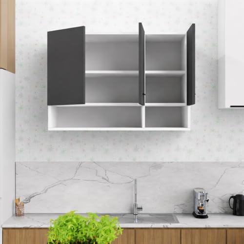 Image of 3 Door Multipurpose Wall Mounted Cabinet with Adjustable Shelf | Storage for Kitchen, Bathroom, Bedroom, Office & Living Room | Assembly-DIY | Color-White & Grey | Size-90x33x63.8 Cm