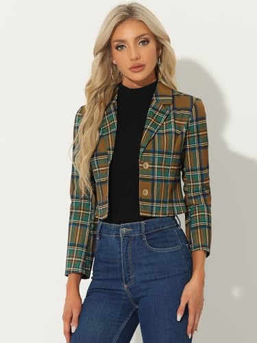 Allegra K Women's Notched Lapel Stretch Plaid Preppy Tartan Crop Blazer2