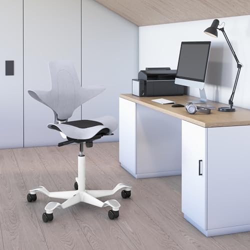 Image of HAG Capisco Puls Sit-Stand-White Base-Gray Frame-Black Vinyl Pad
