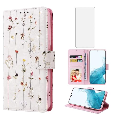 Protection Samsung S22 5G étui portefeuille rabat porte-cartes coque fleurs avec verre trempé