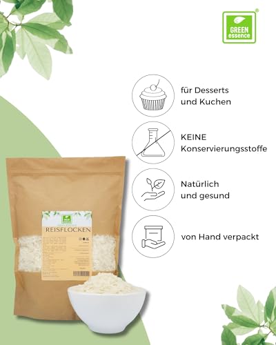 Reis Flocken 1kg von der Grünen Essenz | weiße Reisflocken zum Frühstück | Müsli und Backen - als Hundefutter Zusatzstoff - Reisflocken 1kg Reisbrei fur Pudding - Reis Gemüseflocken Vegan (1 Kg)