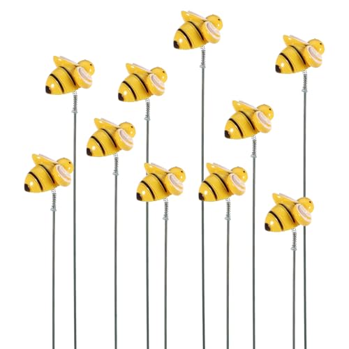 10PCS Bee Garden Stakes Decor Small Bees Yard Decor Metal Garden Stakes Honey Bee Decors Spring Summer Resin Bumble Bees Gardens Stake for Lawn Corridor Plant Pot Pathway Flower Bed