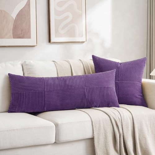 Image of Fancy Homi Set of 2, Purple Patchwork Corduroy Decorative Soft Striped Modern Accent Cushion Case Farmhouse Boho Neutral Throw Pillow Covers for Chair Couch Bed Sofa Living Room 36x14 Inch
