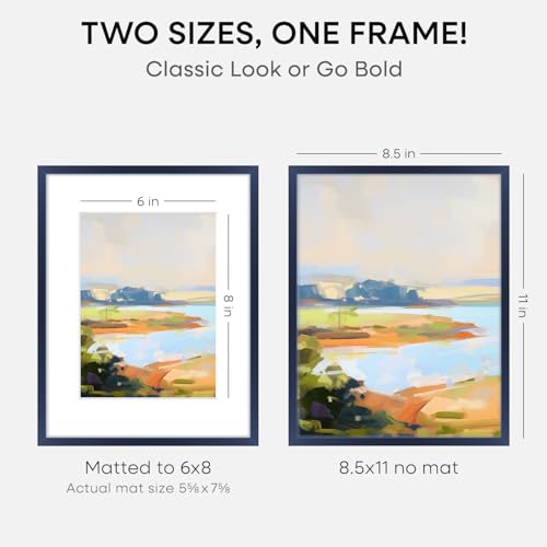 Image of Homeforia 8.5x11 Blue Picture Frame, High-End Metal, 6x8 Mat, Glass | High End Aluminum, Tempered Glass, Acid-Free 6x8 Removable Mat, 8.5x11 in Edge-to-Edge Display 11x8.5, Wall Kit, Set Of 2