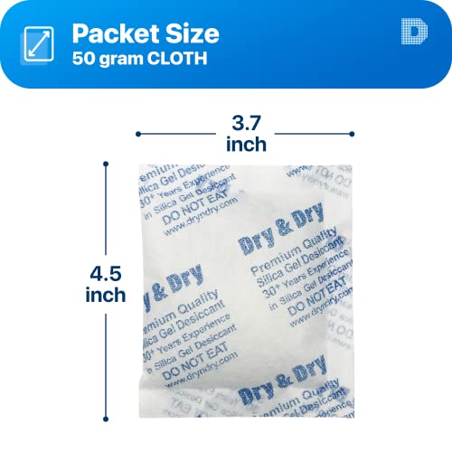 Image of Dry & Dry 50 Gram [100 Packets] Silica Gel Packets Desiccants, Silica Packets - Rechargeable Moisture Absorbers for Food Storage, Electronics, 3D Filament & Safes
