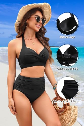 Image of Tempt Me Women Two Piece Swimsuit High Waisted Bikini Halter Vintage Retro Bathing Suit Push up Swimwear