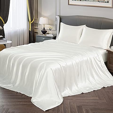 KBC linen Satin Flat Sheet King/Cal King [1-Piece Flat Sheet Only, White] Hotel Luxury Silky Flat Bed Sheet - Extra Soft Silky Satin Flat Sheet/Top Sheet Cover