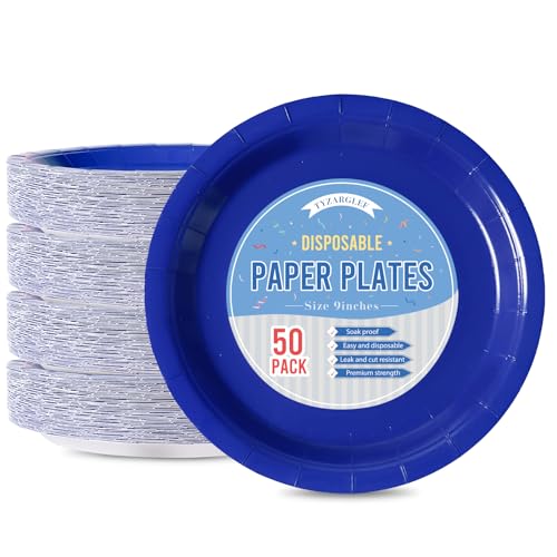 Image of Royal Blue Disposable Paper Plates, 9 Inch Dinner Plates, 50 Count Bulk | Colored and Sturdy Durable Party Plates, for Birthday, Halloween, Christmas, Baby & Bridal Showers, BBQ, Pizza & Sandwiches