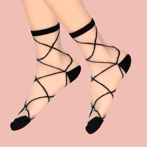 Image of Lusofie 5 Pairs Sheer Black See-Through Socks - Checkered Dot Striped Plaid Ankle Summer Socks for Women - Thin Fashion