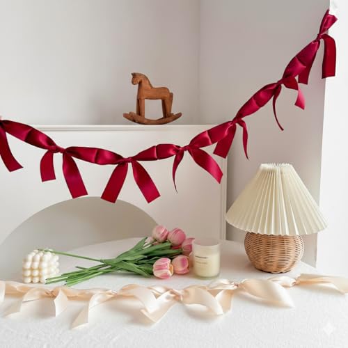 Image of Pre-Assembled Red Bow Garland | Double Side Satin Silk Bow Banner and Extend Ribbon for Coquette Birthday Bridal Shower & Bachelorette Party,Read to Hanging (Red, 6ft)