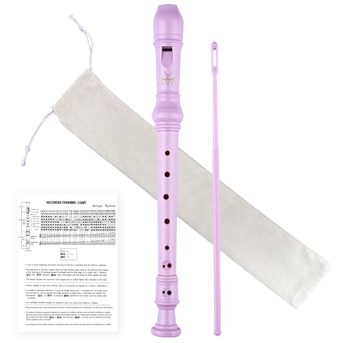 YONTY 8 Hole Soprano Recorder German Style C Key Flute Kids Beginners Recorder Instrument with Cleaning Rod & Storage Bag - Pink
