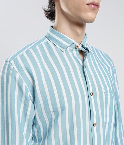 Image of TURMS Men's Casual Striped Linen Shirt | Water Repellent | Anti Stain Anti Odor | Kansas Linen | Concealed Button Down Collar | Full Sleeves