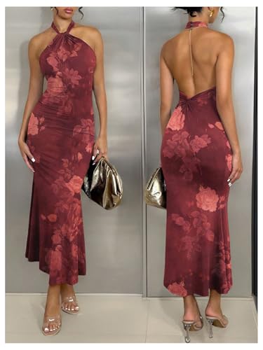 Image of GORGLITTER Women's Open Backless Wedding Guest Dress Ruch Sleeveless Ribbed Bodycon Halter Maxi Dresses
