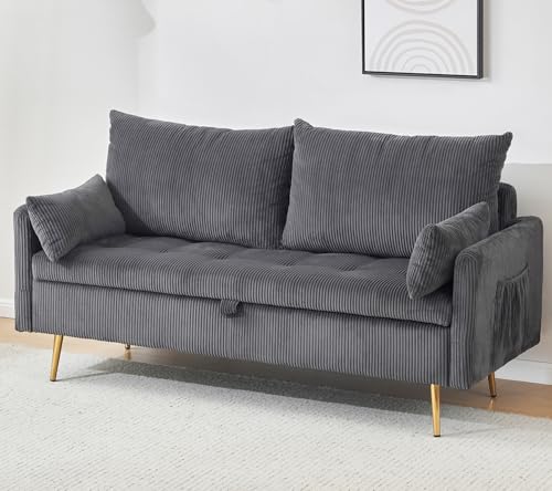 Furnimart 2-Seater Storage Loveseat for Small Spaces, 62“ Corduroy Couch with Removable Cushion Cover and Metal Leg for Bedroom, Apartment, Tiny Homes and Lofts, Gray