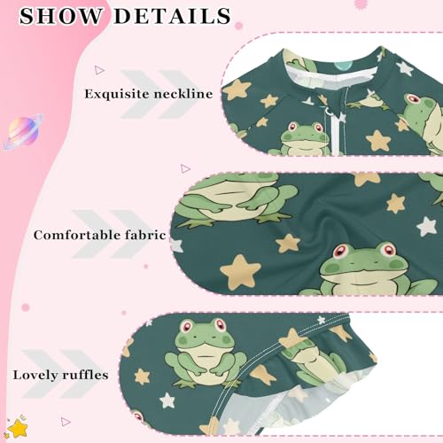Cute Frog and Stars Girls Long Sleeve Swimsuit Rash Guard One Piece Bathing Suits Zipper 3-12T4