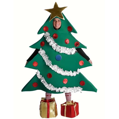 PLLYPE Christmas Tree Costume Cosplay Set with Green Xmas Tree Shaped Stage Performance Costume and Gift Shaped Shoes Unisex Clothes Set Xmas Tree Shaped Outfits for Adults