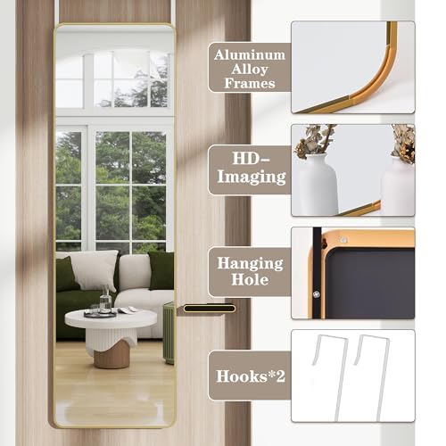 Door Mirror, Over The Door Full Length Mirror, 14x 48 Door Hanging or Wall Mirrors, Full Body Mirrors, Rounded Corner, Gold