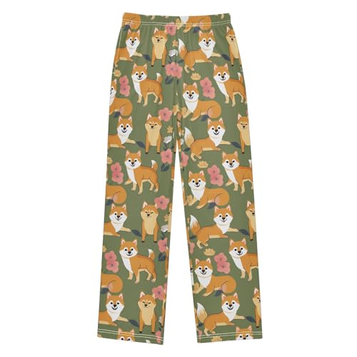 Corgi Dog with Flowers Boys Long Pants Soft Trousers Elastic Waist Kids Lounge Bottoms with Pockets S-XL