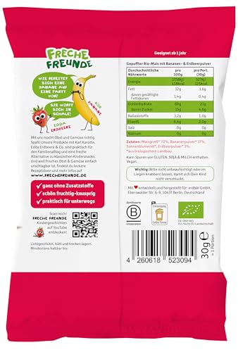 FRECHE FREUNDE Bio Knusper Herzchen aus gepufftem Mais, mit Bananen und Erdbeerpulver, fruchtig-süße Knabberei für Kinder, vegan, glutenfrei, 9er Pack (9 x 30g)