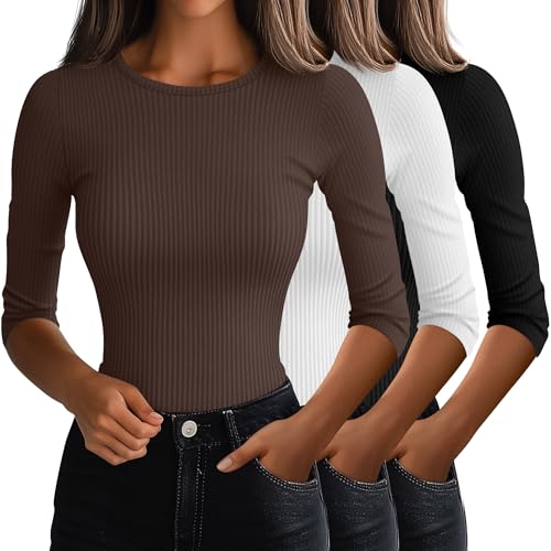 Ficerd 3 Pack 3/4 Sleeve Tops for Women, Cotton Knit Ribbed T Shirts Basic Slim Fit Stretch Tees Casual Crew Neck Shirts
