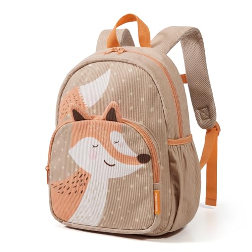 mommore Corduroy Toddler Backpack for Boys Girls Bookbag for Preschool Kindergarten 3D Cute Daycare Backpack 13 inch - Fox